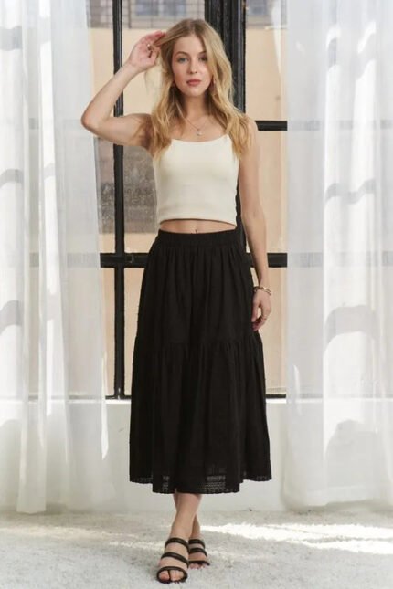 Arya Elastic Waistband Tiered Midi Skirt