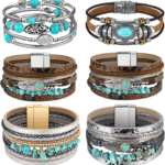 Turquoise Leather Boho Cuff Bracelet Set – 6 Pcs