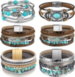 Turquoise Leather Boho Cuff Bracelet Set – 6 Pcs