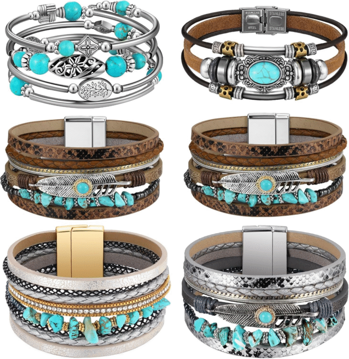 Turquoise Leather Boho Cuff Bracelet Set – 6 Pcs - Image 1