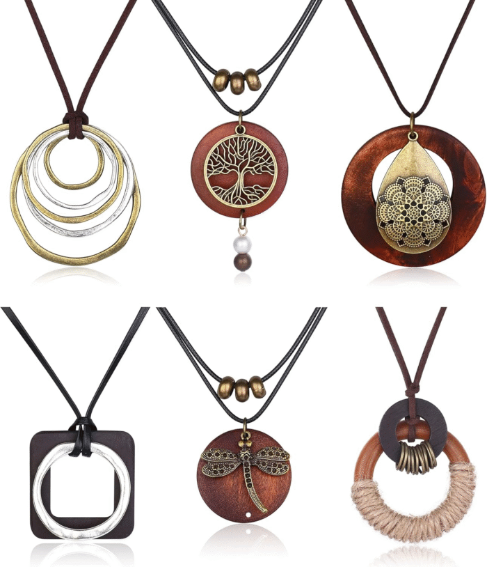 Boho Wooden Pendant Necklace Set – 6 Pcs - Image 2