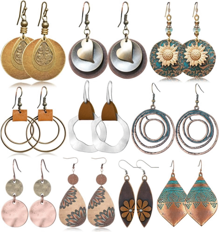 Boho Vintage Dangle Earrings Set – Sunflower & Geo 10-Pairs - Image 2
