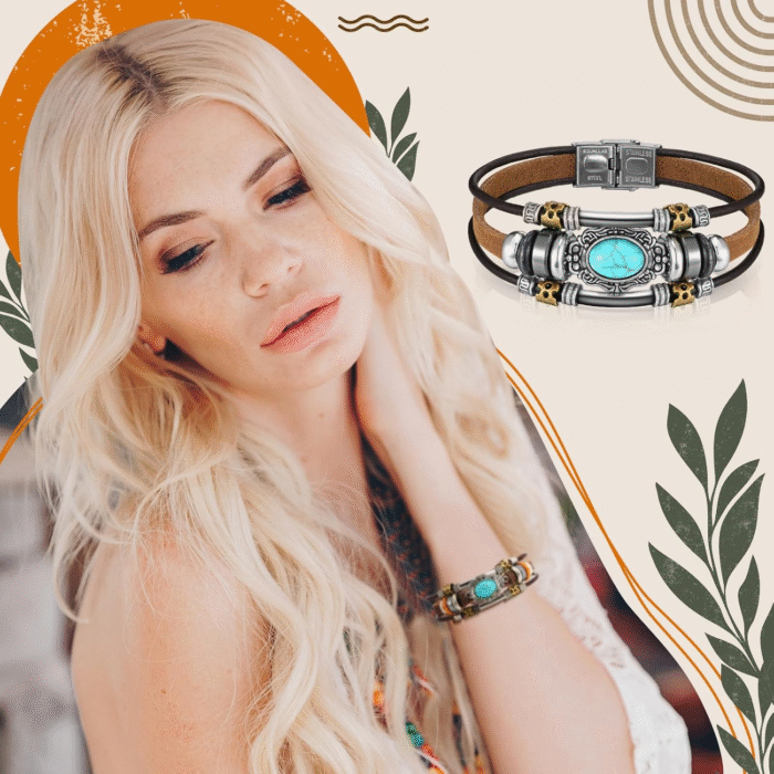 Turquoise Leather Boho Cuff Bracelet Set – 6 Pcs - Image 5