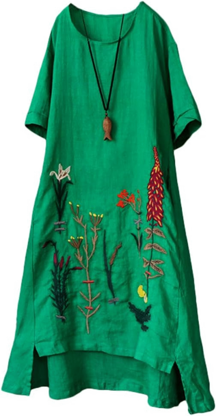 Boho Botanical Linen Embroidered Summer Dress - Image 2