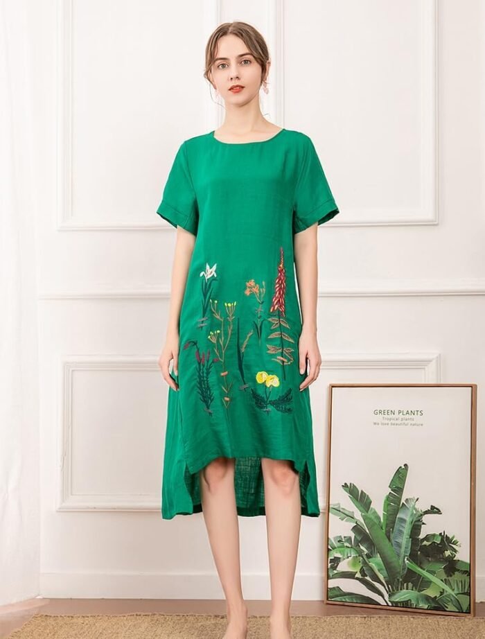 Boho Botanical Linen Embroidered Summer Dress - Image 4