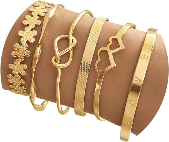 Gold Bangle Bracelets For Women, 14k Gold Plated Multi Layer Stackable Cuff Bracelet Set - Image 13