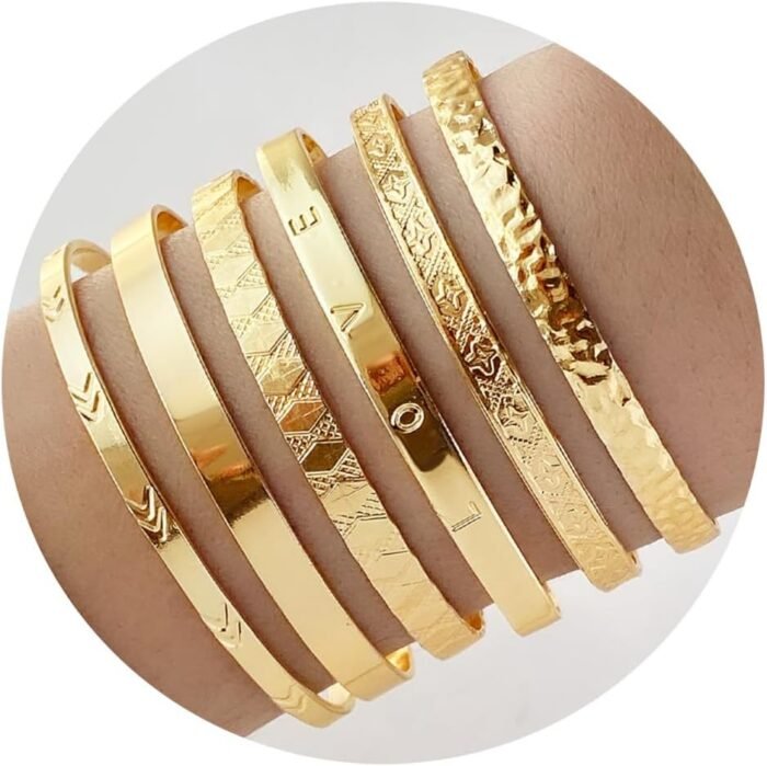 Gold Bangle Bracelets For Women, 14k Gold Plated Multi Layer Stackable Cuff Bracelet Set - Image 10