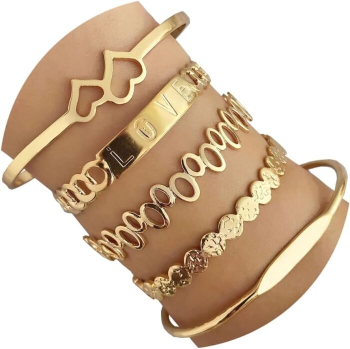 Gold Bangle Bracelets For Women, 14k Gold Plated Multi Layer Stackable Cuff Bracelet Set - Image 9