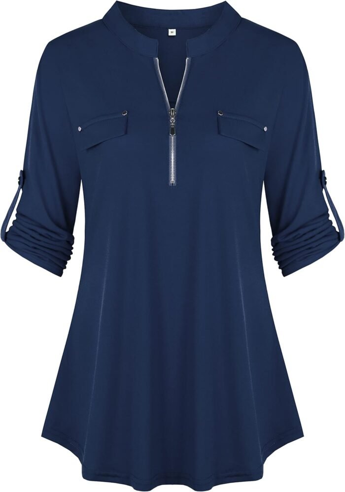 Chiffon Zip V-Neck Tunic – 3/4 Sleeve