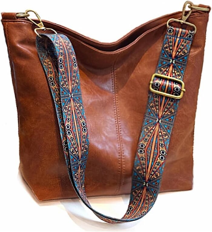Boho Vegan Leather Shoulder Bag - Guitar-Strap Crossbody - Image 1