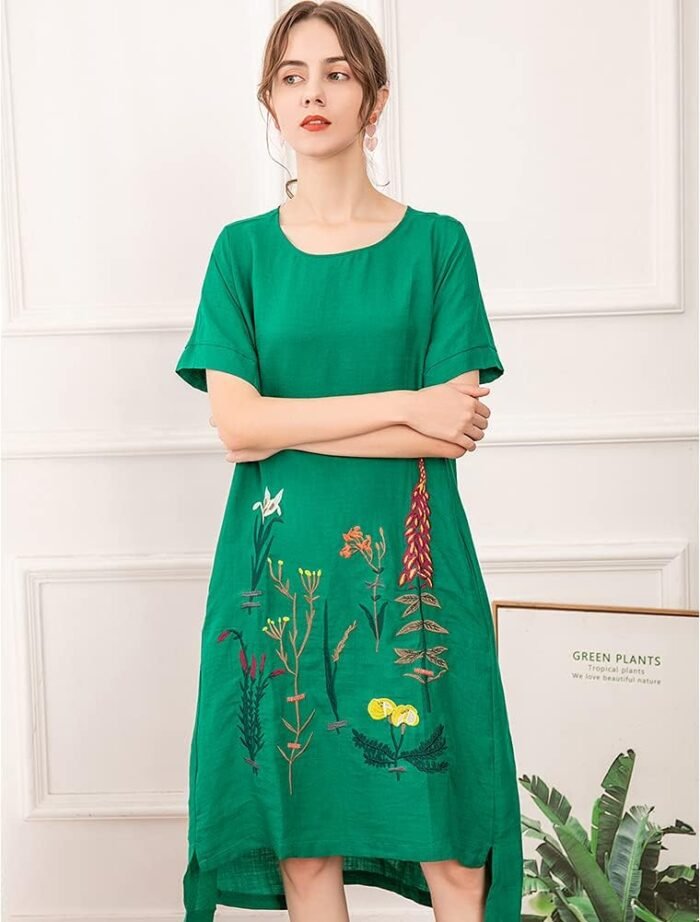 Boho Botanical Linen Embroidered Summer Dress - Image 3