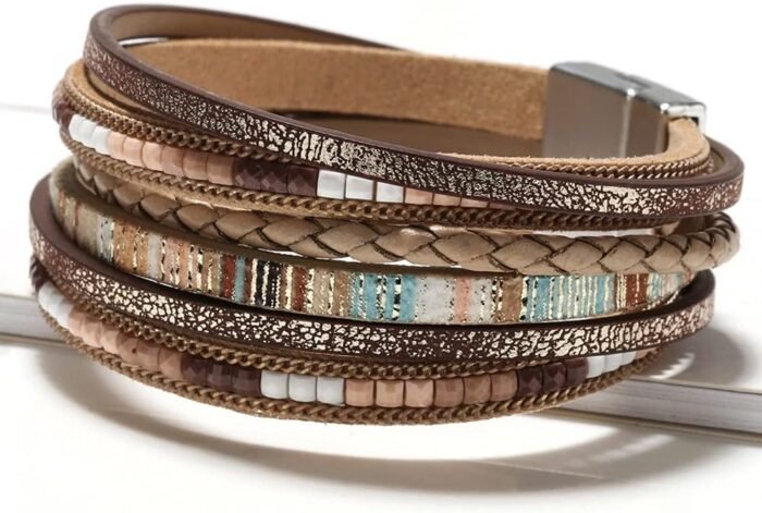 Boho Leopard Crystal Leather Wrap Bracelet – Multi-Layer Cuff - Image 4