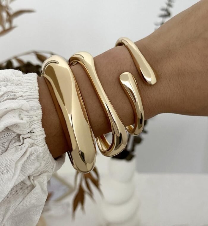Chunky 14K Gold-Plated Stackable Bangles Set - Image 7