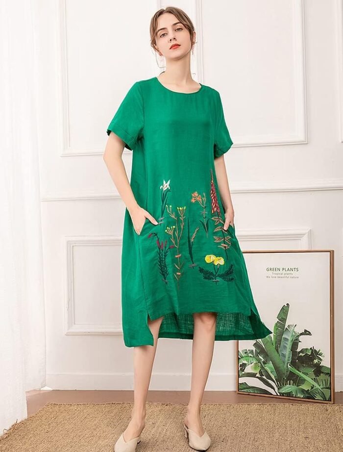 Boho Botanical Linen Embroidered Summer Dress - Image 1
