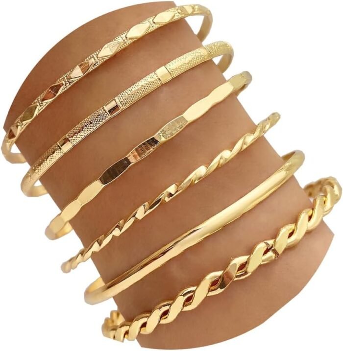 Gold Bangle Bracelets For Women, 14k Gold Plated Multi Layer Stackable Cuff Bracelet Set - Image 14