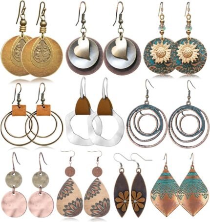 Boho Vintage Dangle Earrings Set – Sunflower & Geo 10-Pairs