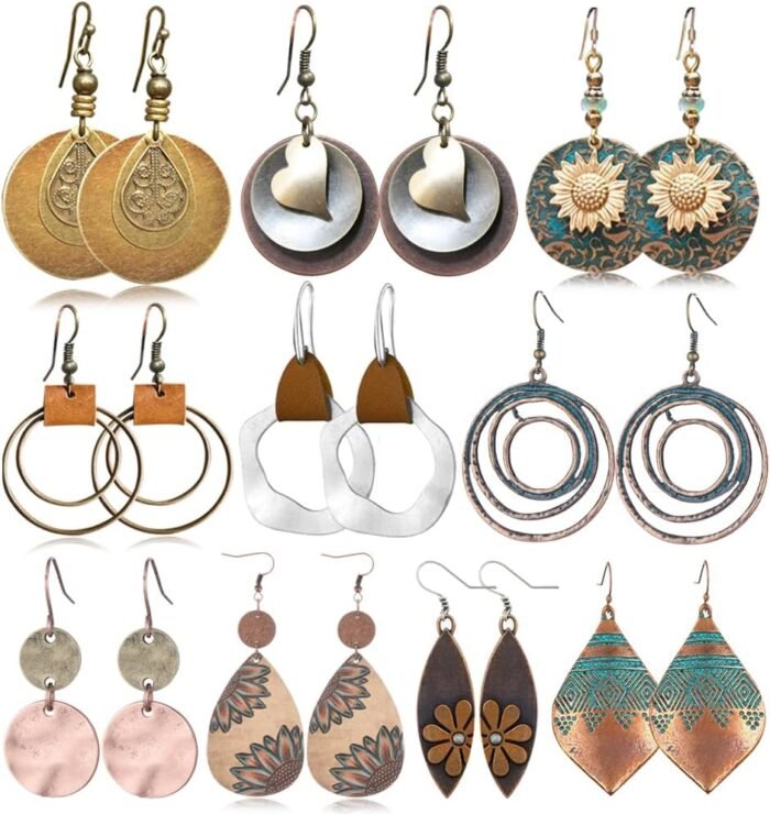 Boho Vintage Dangle Earrings Set – Sunflower & Geo 10-Pairs - Image 1