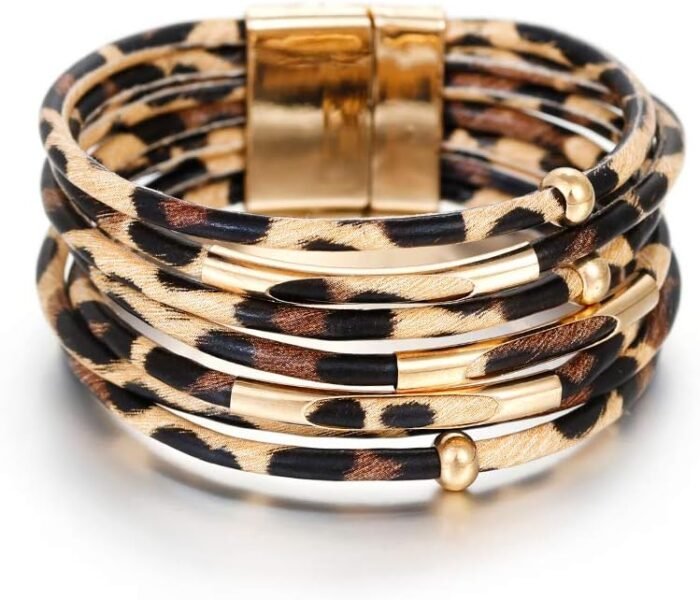 Boho Leopard Crystal Leather Wrap Bracelet – Multi-Layer Cuff - Image 20
