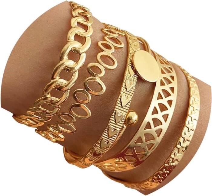 Gold Bangle Bracelets For Women, 14k Gold Plated Multi Layer Stackable Cuff Bracelet Set - Image 12