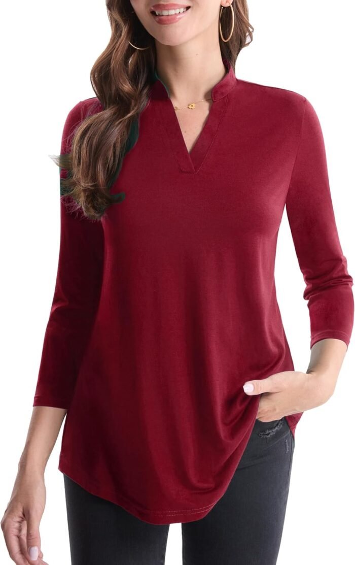 Boho Floral 3/4 Sleeve Notch V-Neck Top - Image 24