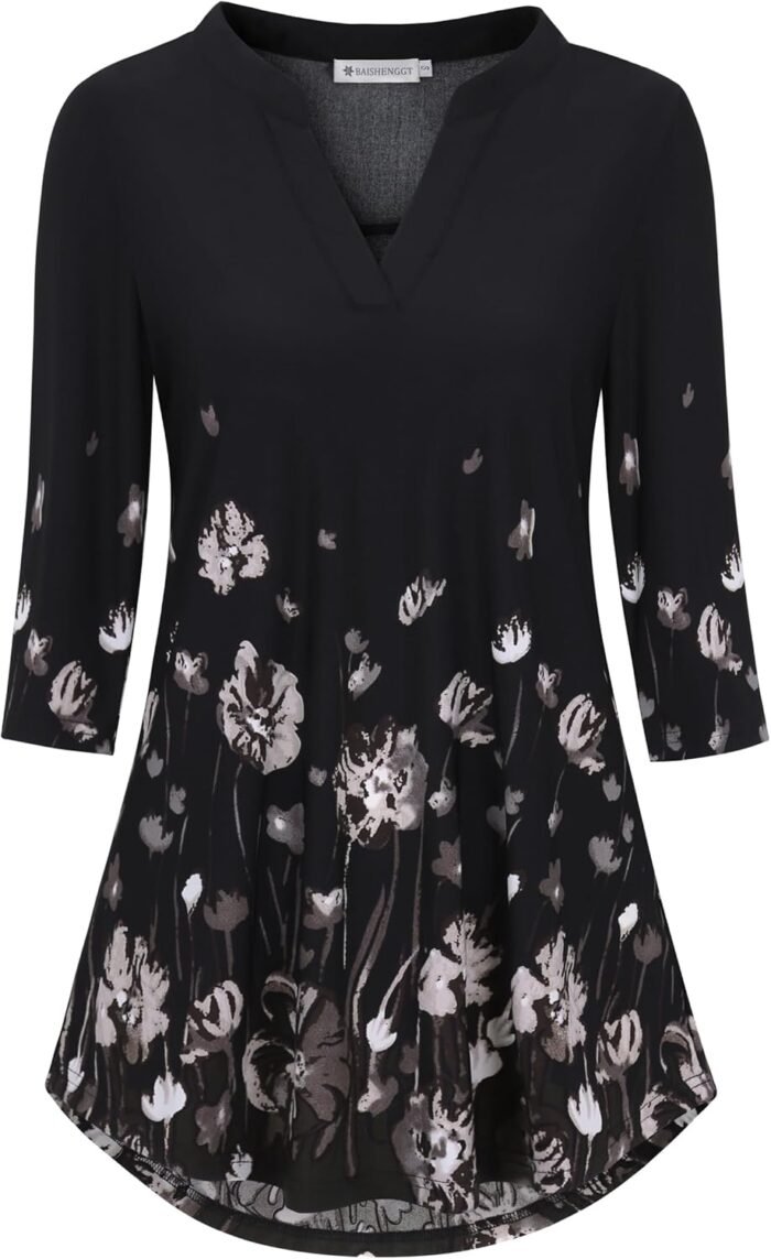 Boho Floral 3/4 Sleeve Notch V-Neck Top - Image 30