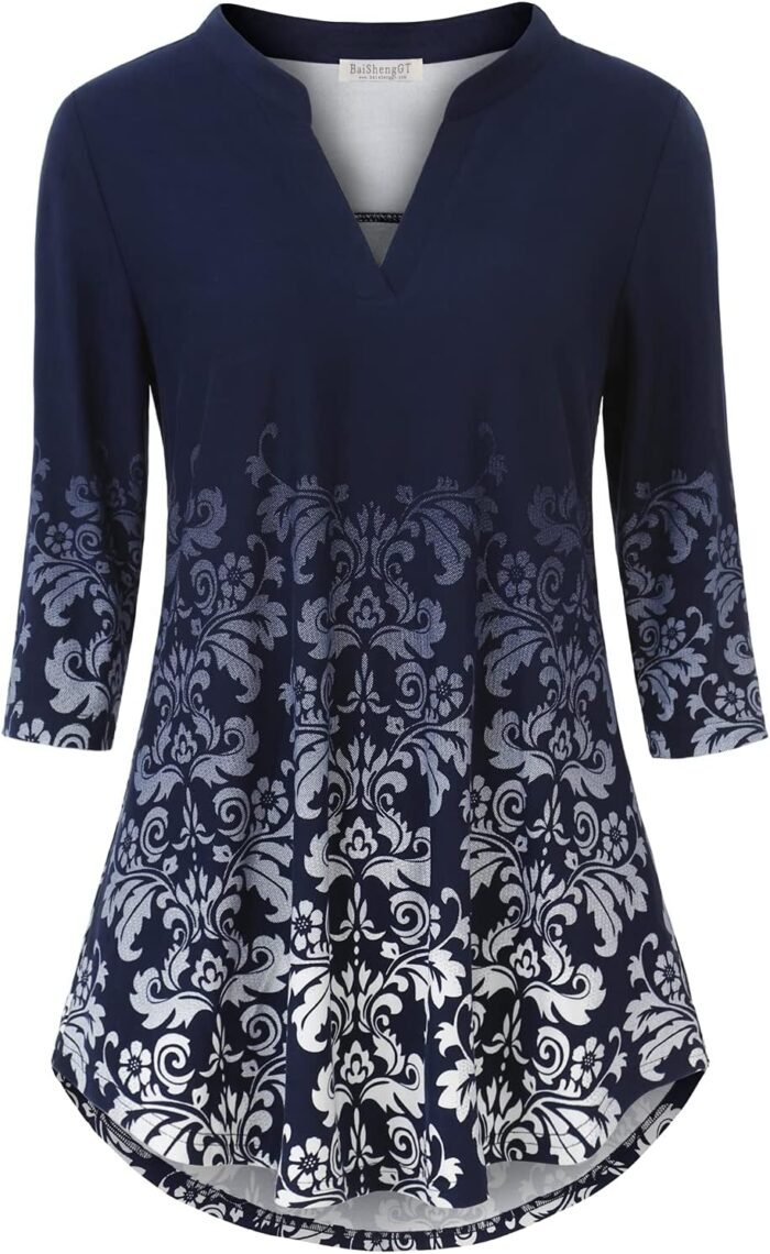 Boho Floral 3/4 Sleeve Notch V-Neck Top - Image 21
