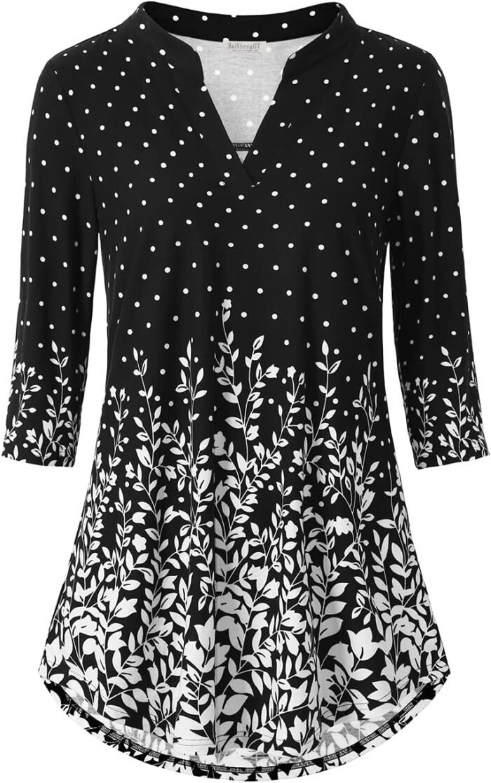 Boho Floral 3/4 Sleeve Notch V-Neck Top - Image 26