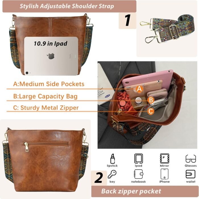 Boho Vegan Leather Shoulder Bag - Guitar-Strap Crossbody - Image 8