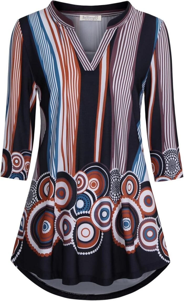Boho Floral 3/4 Sleeve Notch V-Neck Top - Image 25