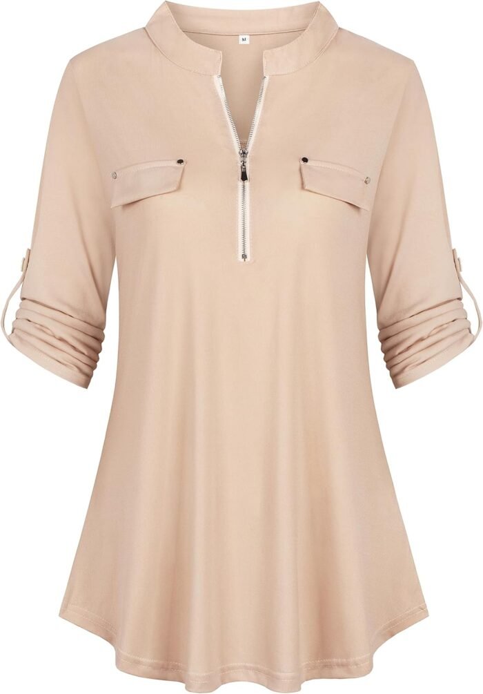 Chiffon Zip V-Neck Tunic – 3/4 Sleeve