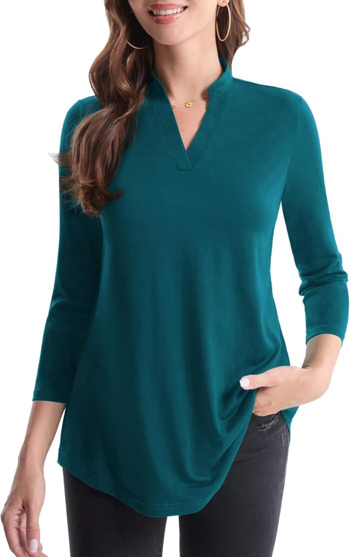 Boho Floral 3/4 Sleeve Notch V-Neck Top - Image 10