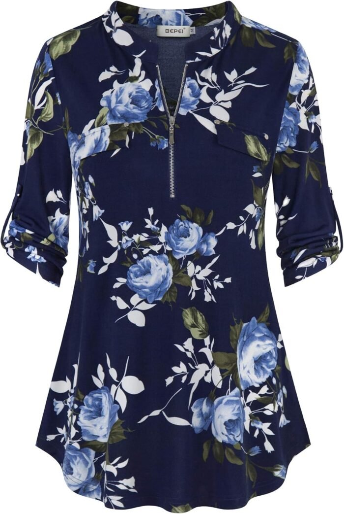 Chiffon Zip V-Neck Tunic – 3/4 Sleeve - Image 8