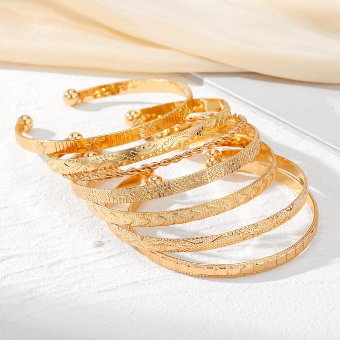 Gold Bangle Bracelets For Women, 14k Gold Plated Multi Layer Stackable Cuff Bracelet Set - Image 5