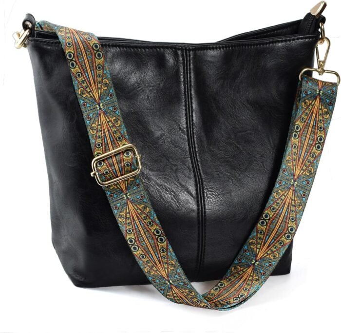 Boho Vegan Leather Shoulder Bag - Guitar-Strap Crossbody - Image 9