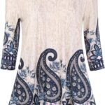 Boho Floral 3/4 Sleeve Notch V-Neck Top