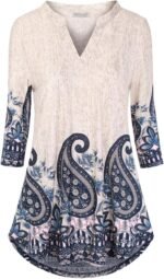 Boho Floral 3/4 Sleeve Notch V-Neck Top