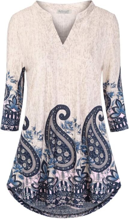 Boho Floral 3/4 Sleeve Notch V-Neck Top