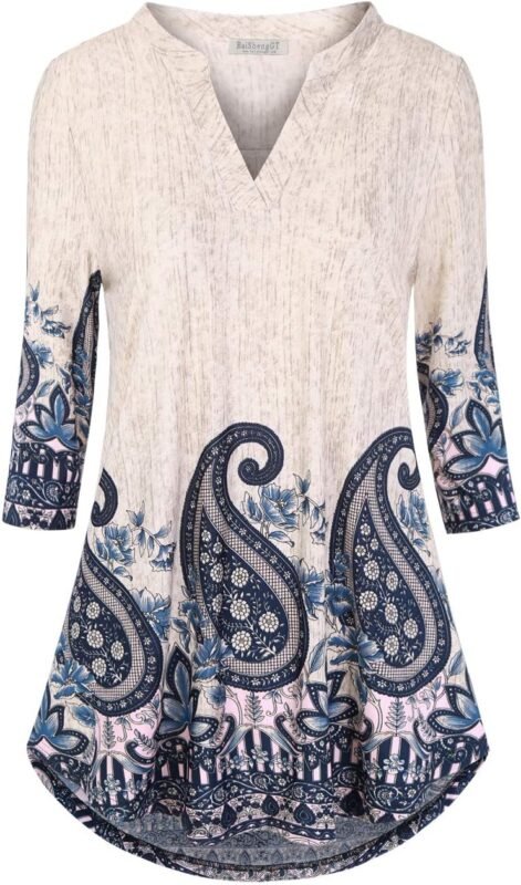 Boho Floral 3/4 Sleeve Notch V-Neck Top