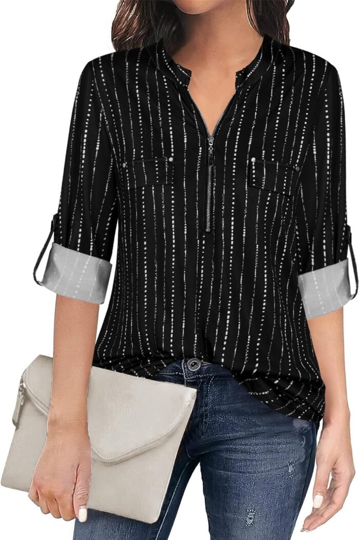 Chiffon Zip V-Neck Tunic – 3/4 Sleeve
