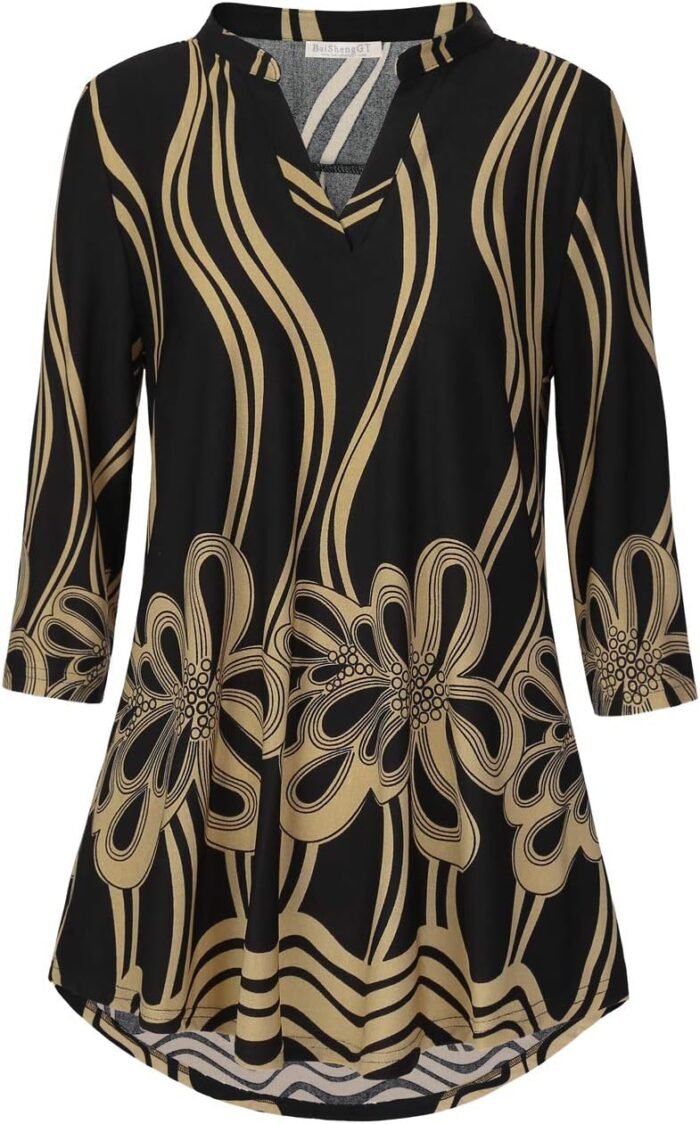 Boho Floral 3/4 Sleeve Notch V-Neck Top - Image 28