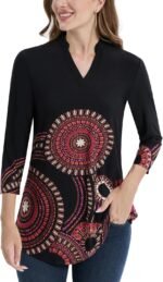 Boho Floral 3/4 Sleeve Notch V-Neck Top - Image 33