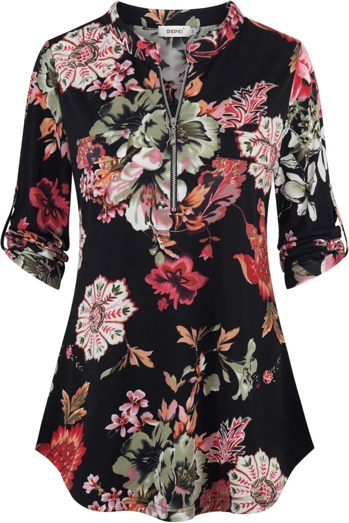 Chiffon Zip V-Neck Tunic – 3/4 Sleeve - Image 7