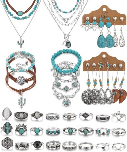 Boho Turquoise Jewelry Set – Necklace, Earrings, Bangles