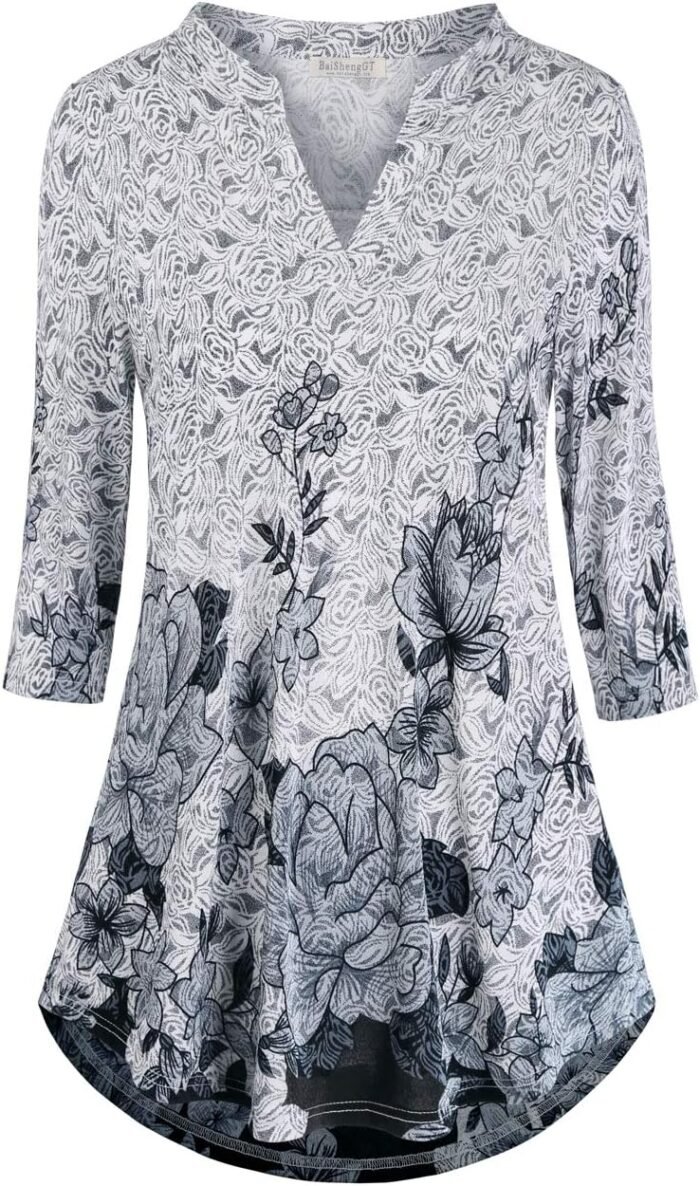 Boho Floral 3/4 Sleeve Notch V-Neck Top - Image 17