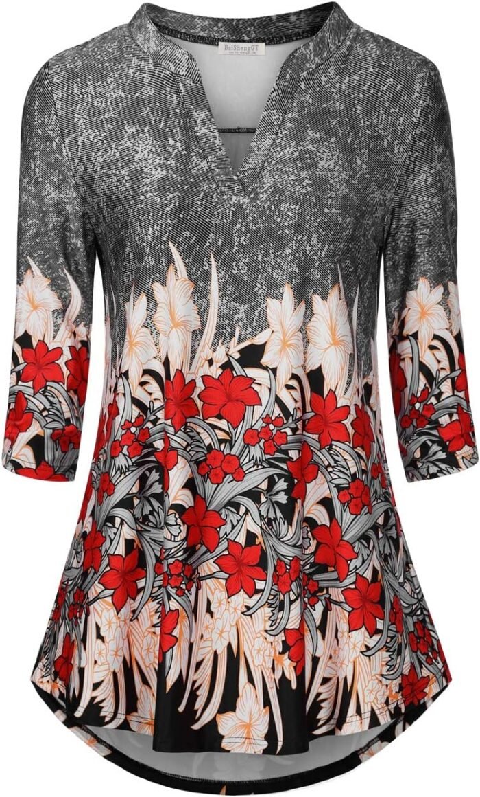 Boho Floral 3/4 Sleeve Notch V-Neck Top - Image 9