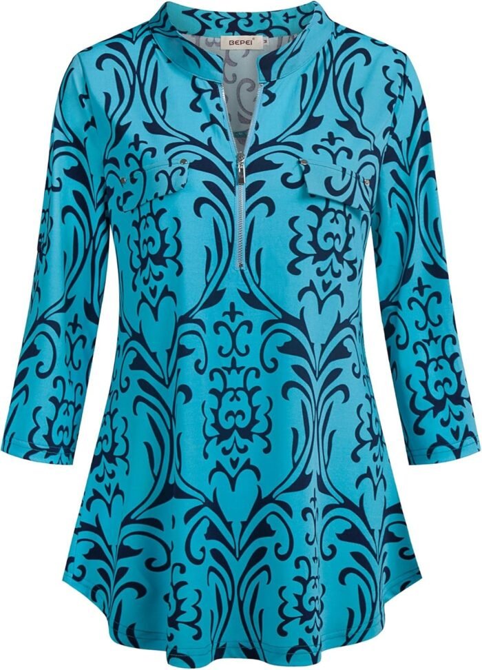 Chiffon Zip V-Neck Tunic – 3/4 Sleeve - Image 3
