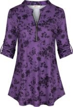 Chiffon Zip V-Neck Tunic – 3/4 Sleeve