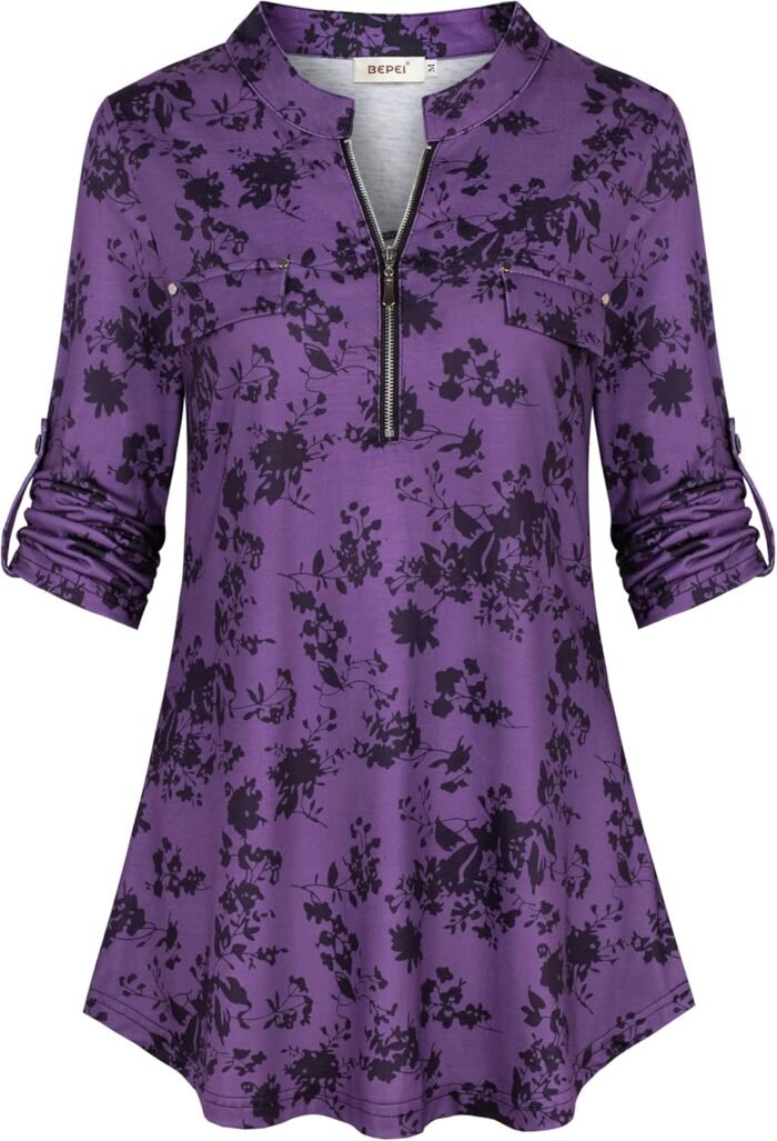 Chiffon Zip V-Neck Tunic – 3/4 Sleeve
