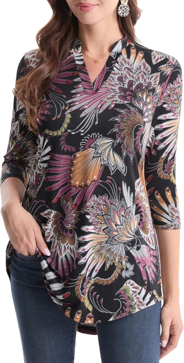 Boho Floral 3/4 Sleeve Notch V-Neck Top - Image 29