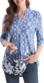 Boho Floral 3/4 Sleeve Notch V-Neck Top - Image 18
